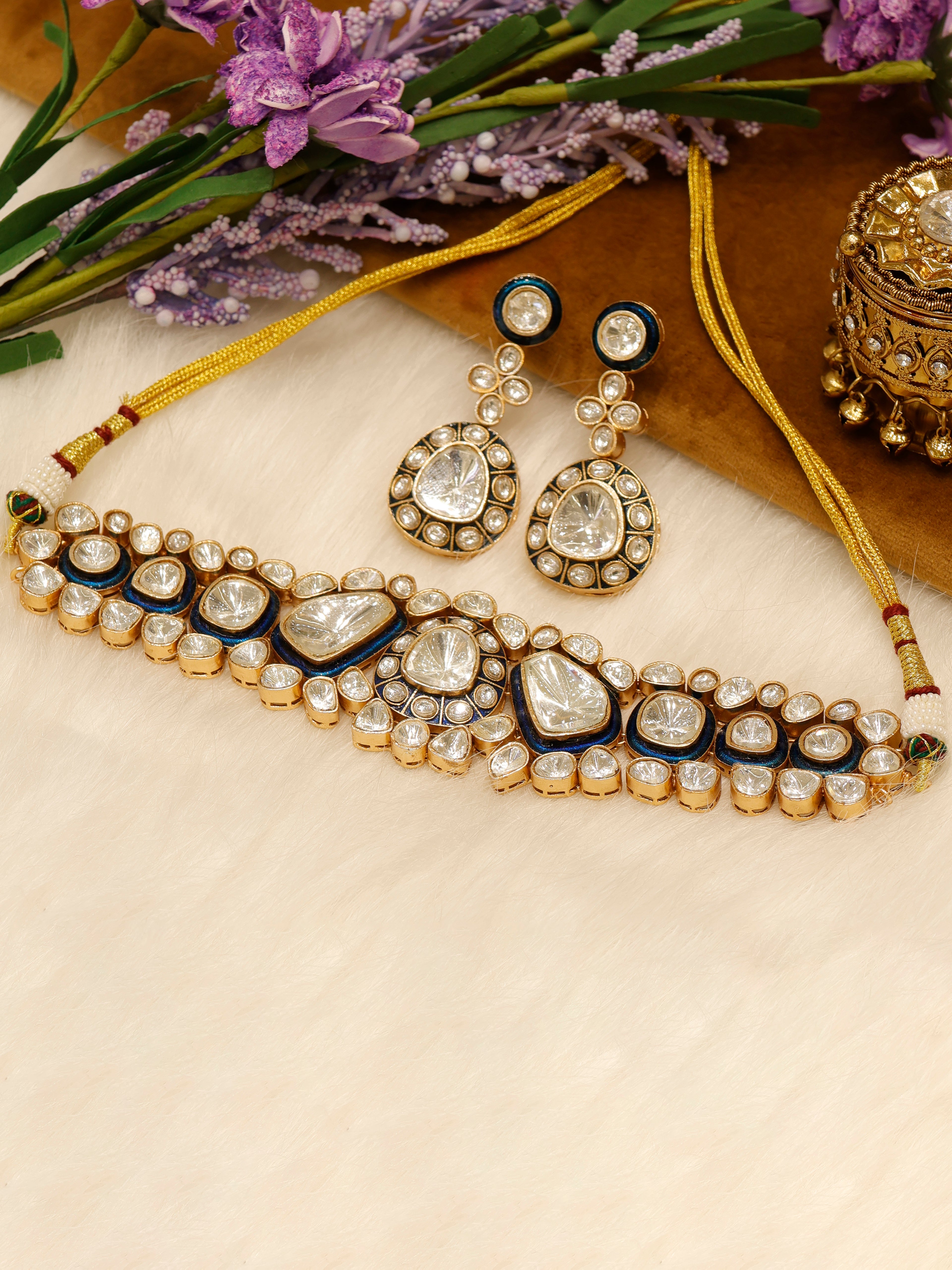Aanura Kundan Choker Necklace Set with Matching Earrings