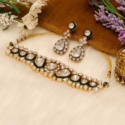 Aanura Kundan Choker Necklace Set with Matching Earrings