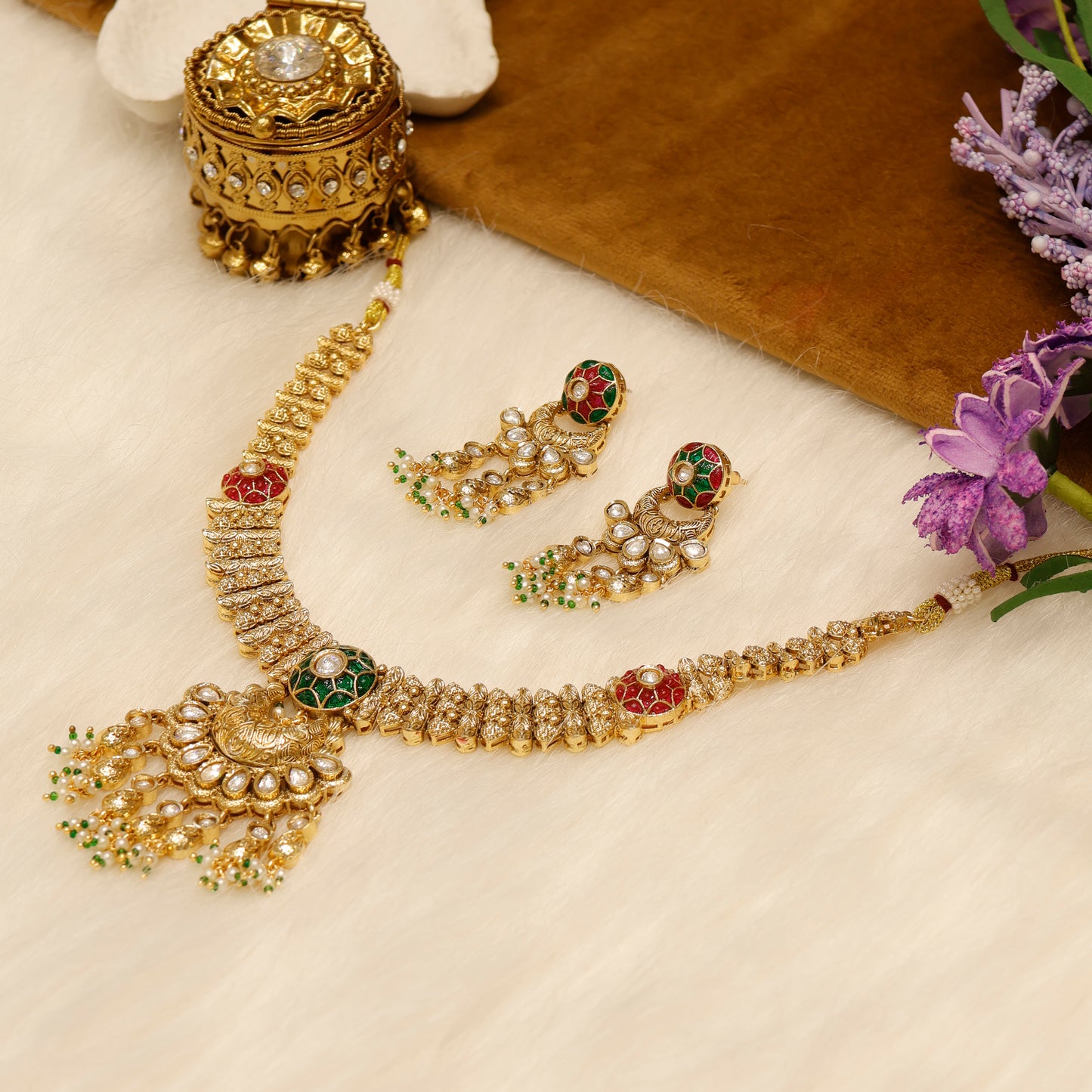 Aanura Bridal Kundan Pearl Choker Necklace with Earrings