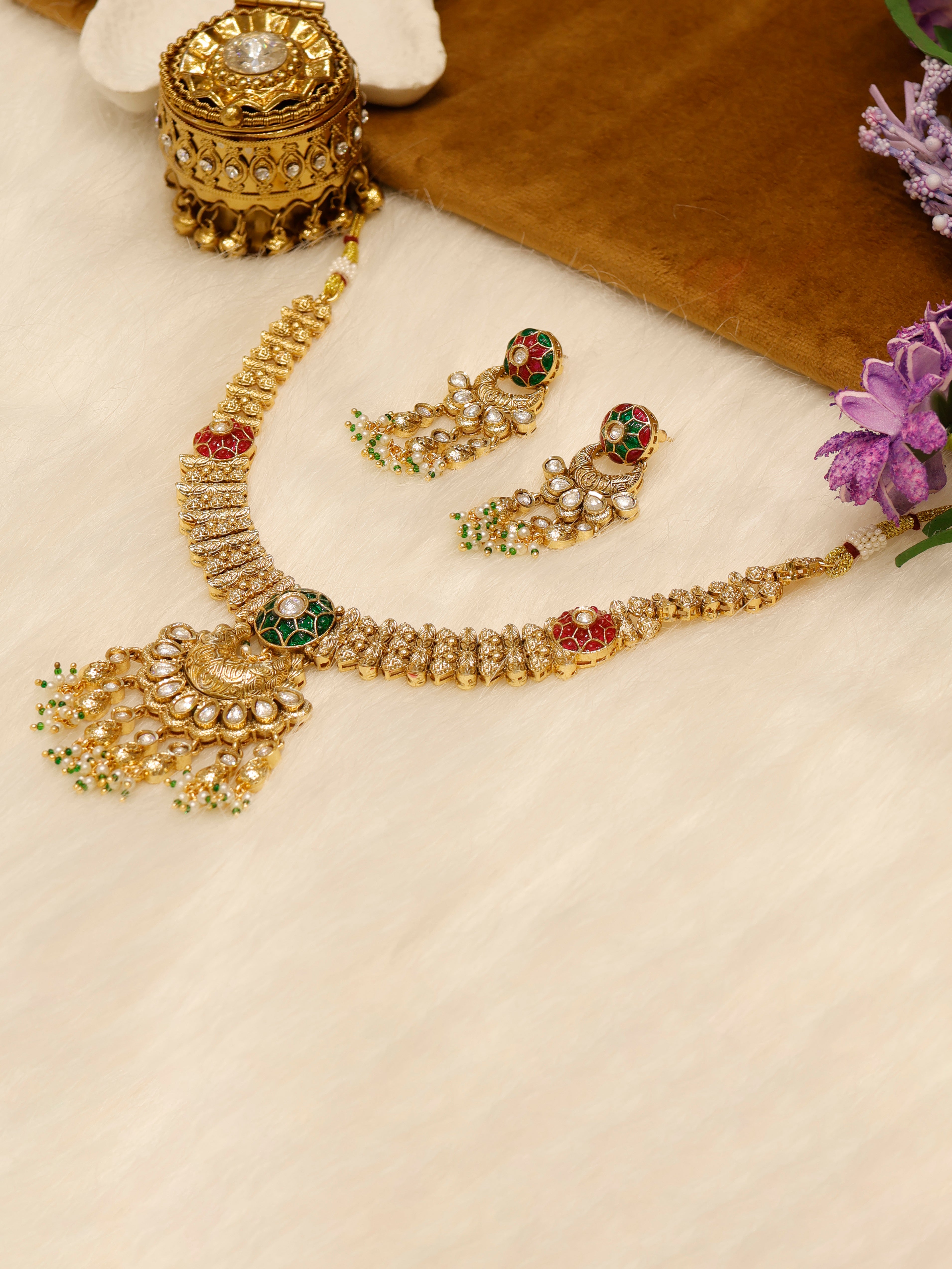 Aanura Bridal Kundan Pearl Choker Necklace with Earrings