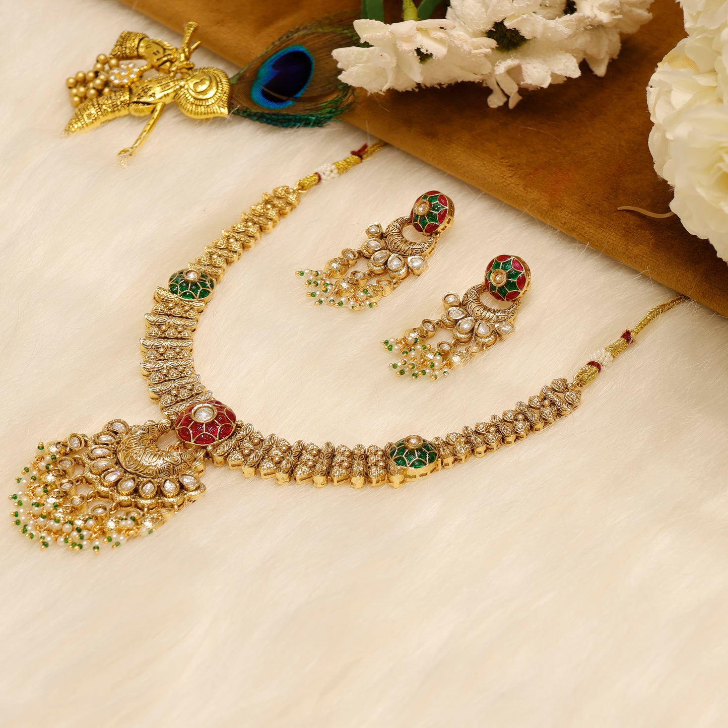 Aanura Bridal Kundan Pearl Choker Necklace with Earrings