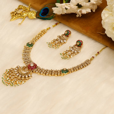 Aanura Bridal Kundan Pearl Choker Necklace with Earrings