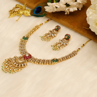 Aanura Bridal Kundan Pearl Choker Necklace with Earrings