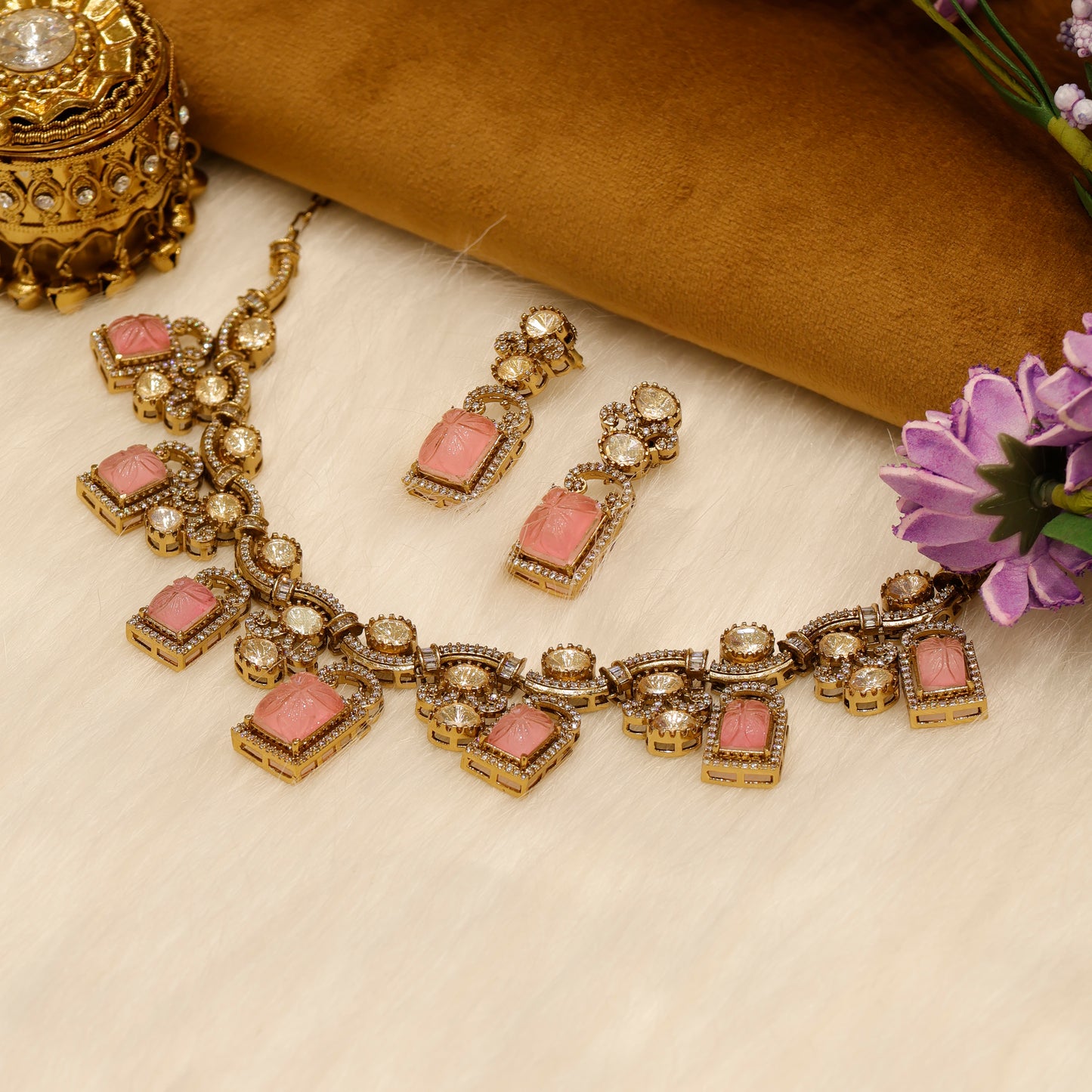 Aanura Green Carved Stone Choker Necklace Set with Earrings