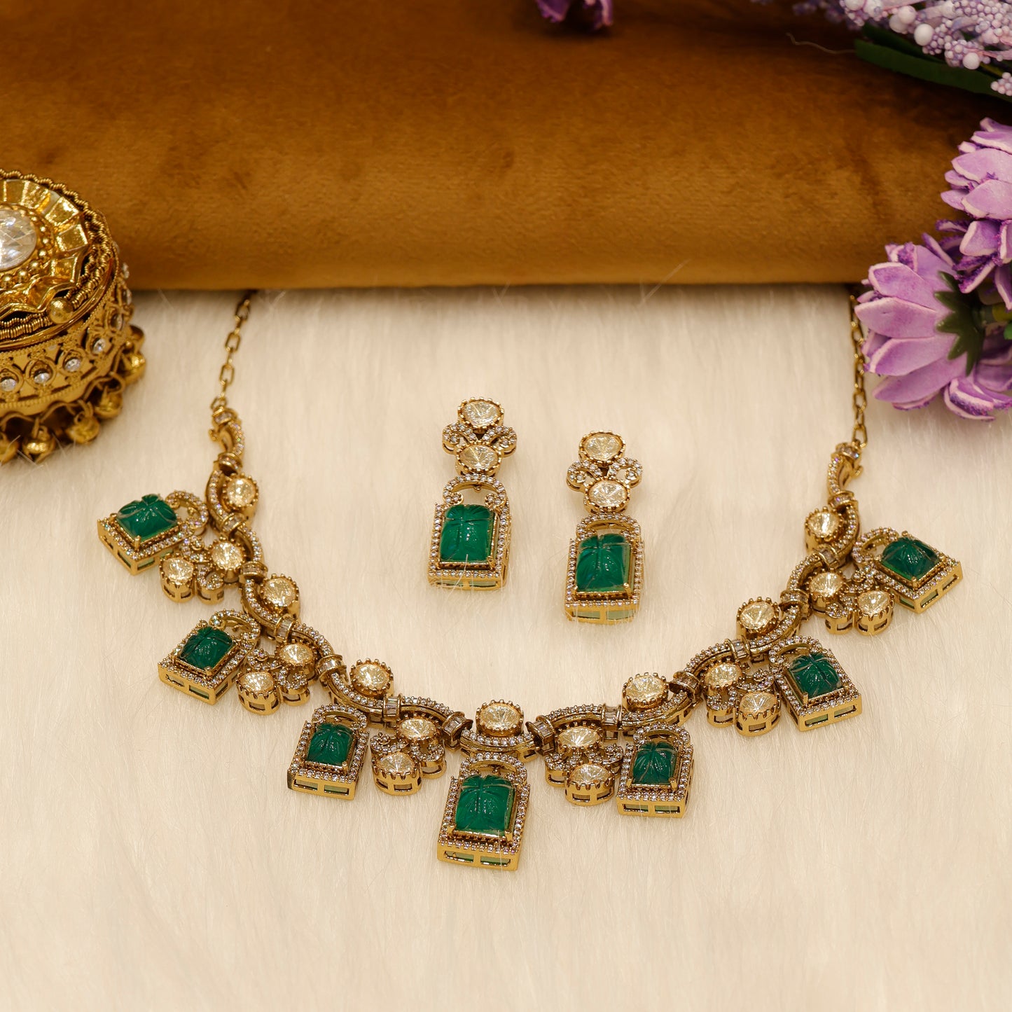 Aanura Green Carved Stone Choker Necklace Set with Earrings
