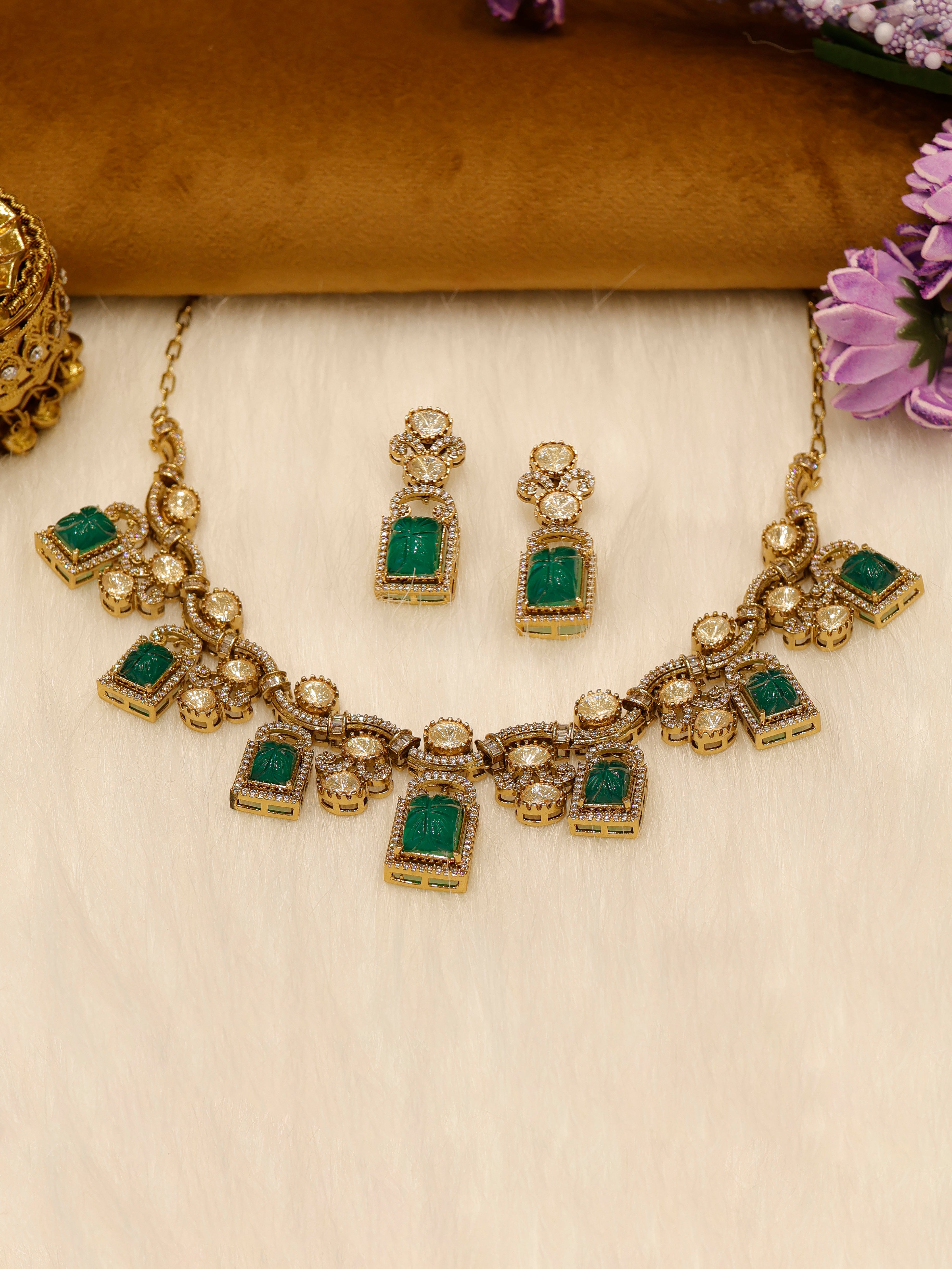Aanura Green Carved Stone Choker Necklace Set with Earrings