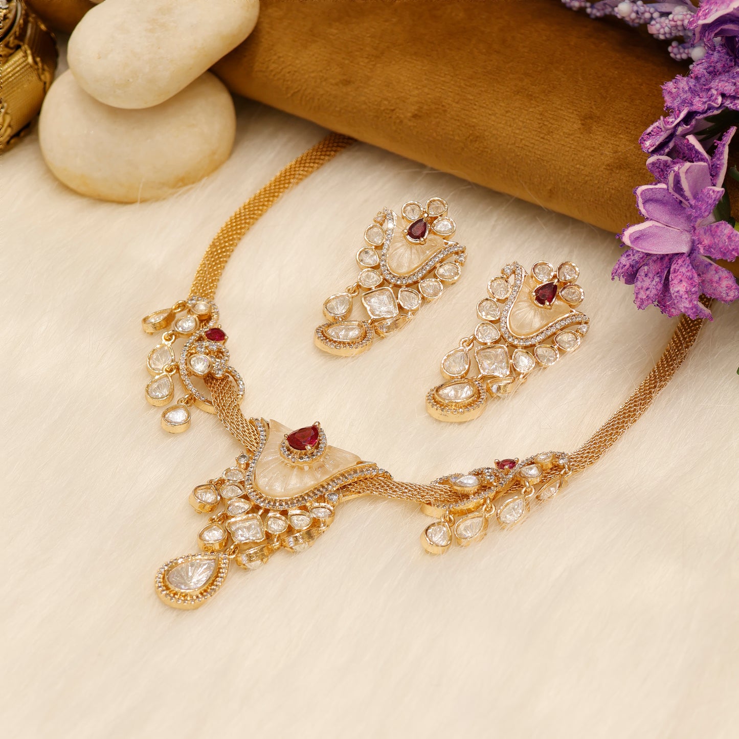 Aanura White Stone Drop Necklace Set