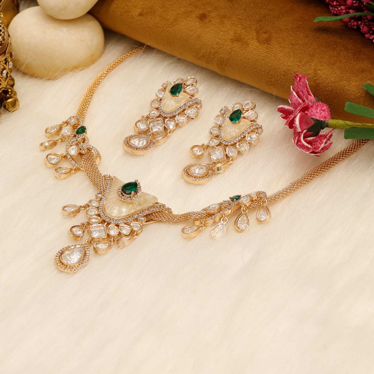 Aanura White Stone Drop Necklace Set