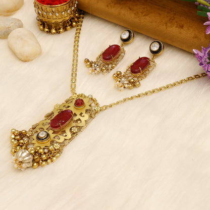 Aanura Pink Stone Antique Pendant Necklace Set