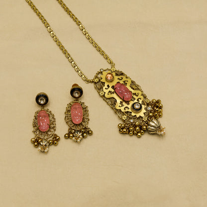 Aanura Pink Stone Antique Pendant Necklace Set