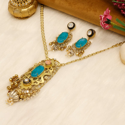 Aanura Pink Stone Antique Pendant Necklace Set