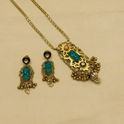 Aanura Pink Stone Antique Pendant Necklace Set