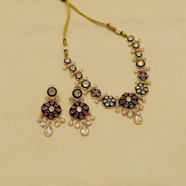 Aanura Purple Kundan Pendant Necklace & Earrings