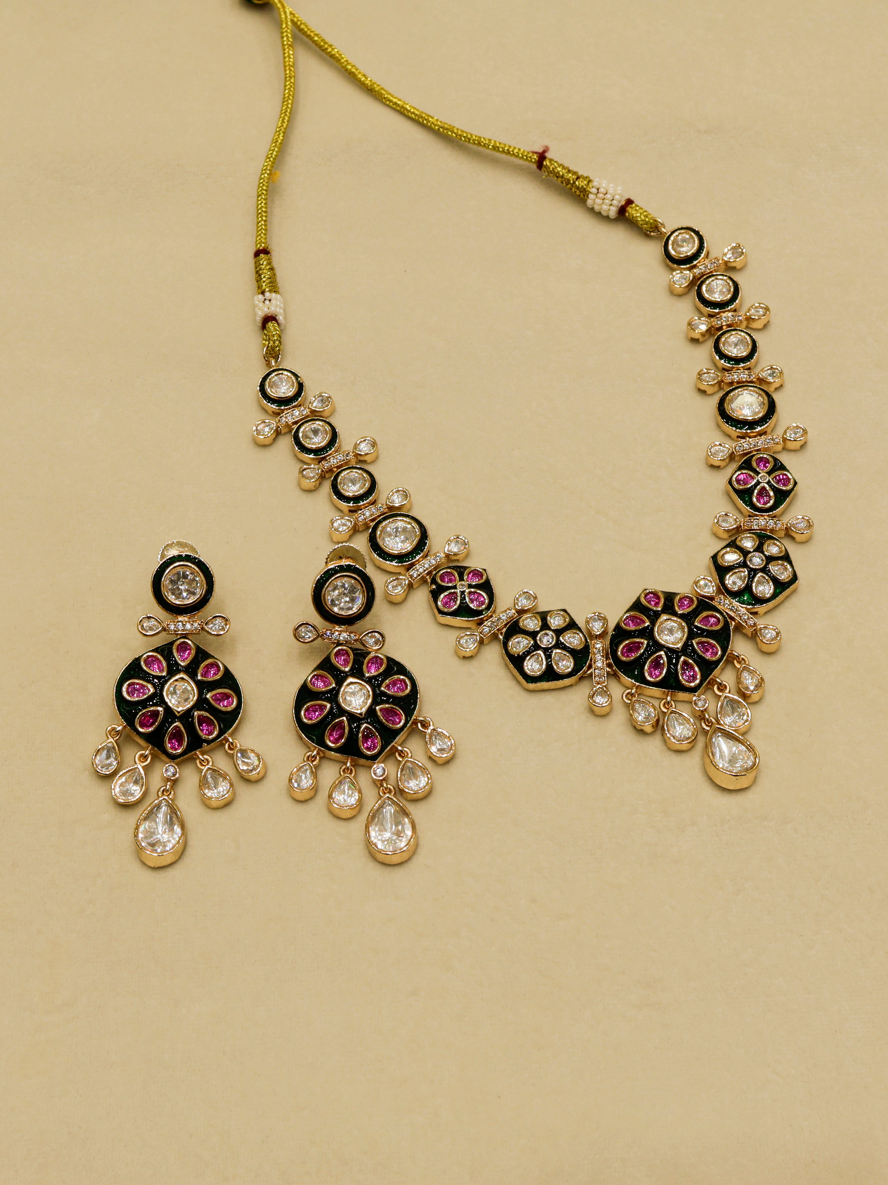 Aanura Purple Kundan Pendant Necklace & Earrings