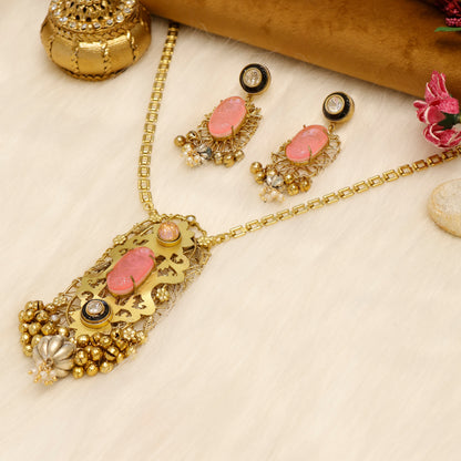 Aanura Pink Stone Antique Pendant Necklace Set