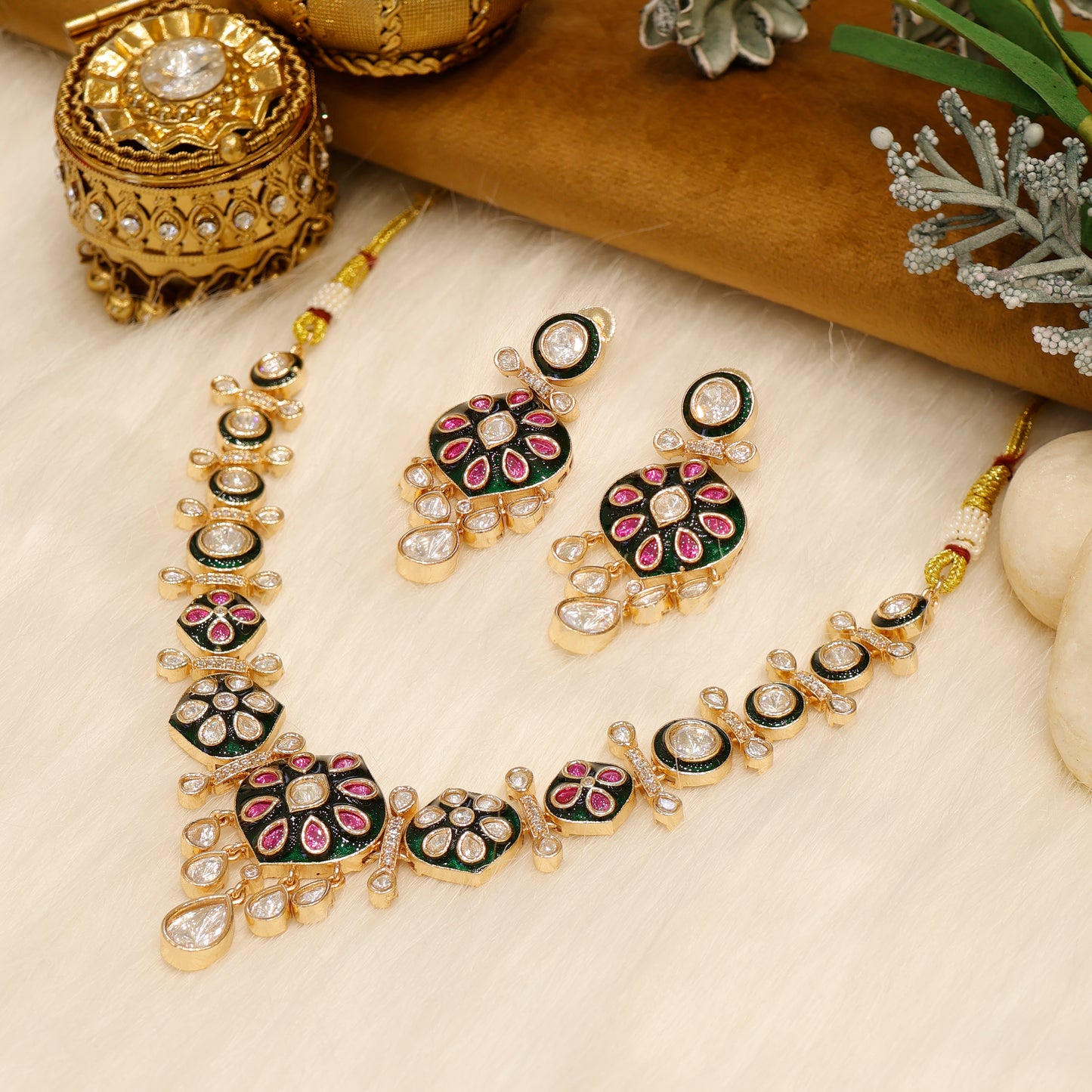 Aanura Purple Kundan Pendant Necklace & Earrings