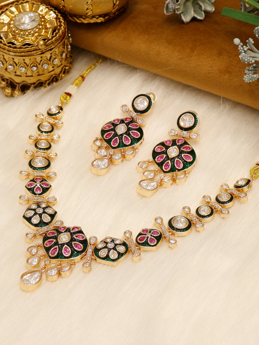 Aanura Purple Kundan Pendant Necklace & Earrings