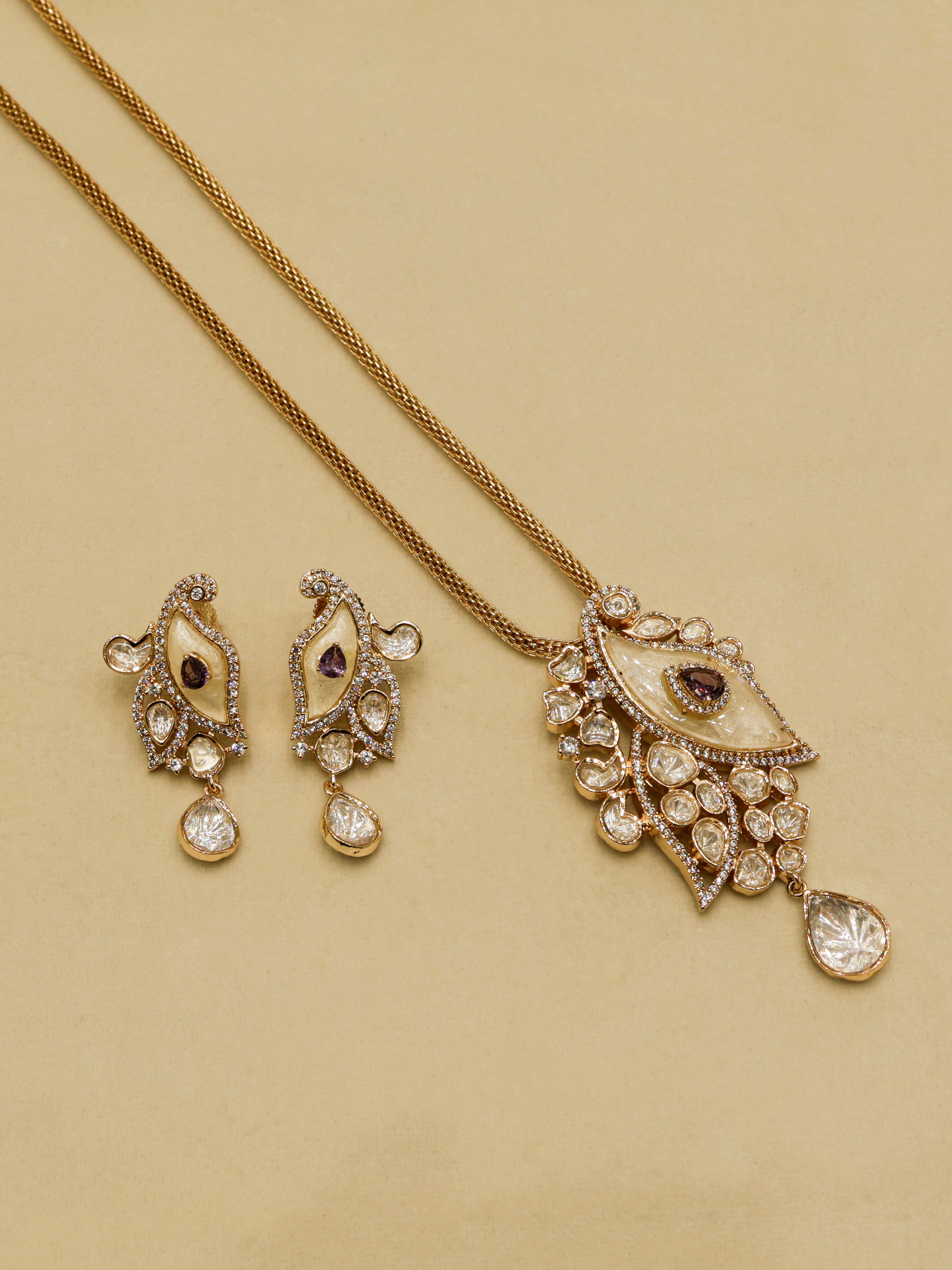 Aanura White Leaf Pendant Necklace & Earrings