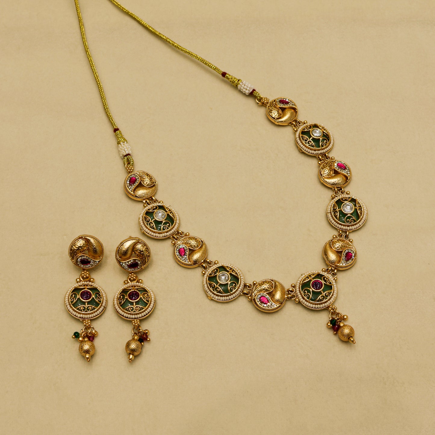Aanura Circular Kundan Ruby Drop Necklace Set