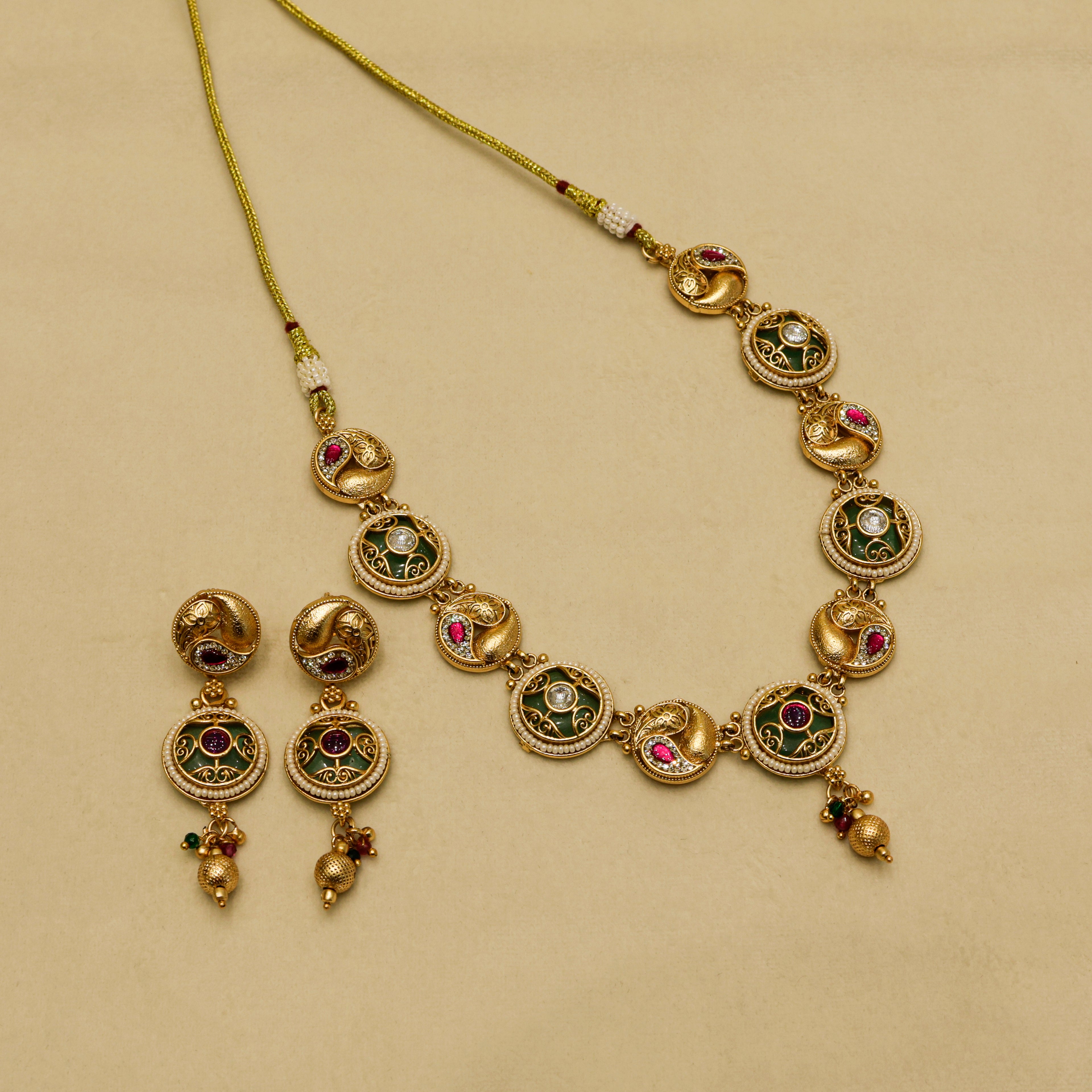 Aanura Circular Kundan Ruby Drop Necklace Set