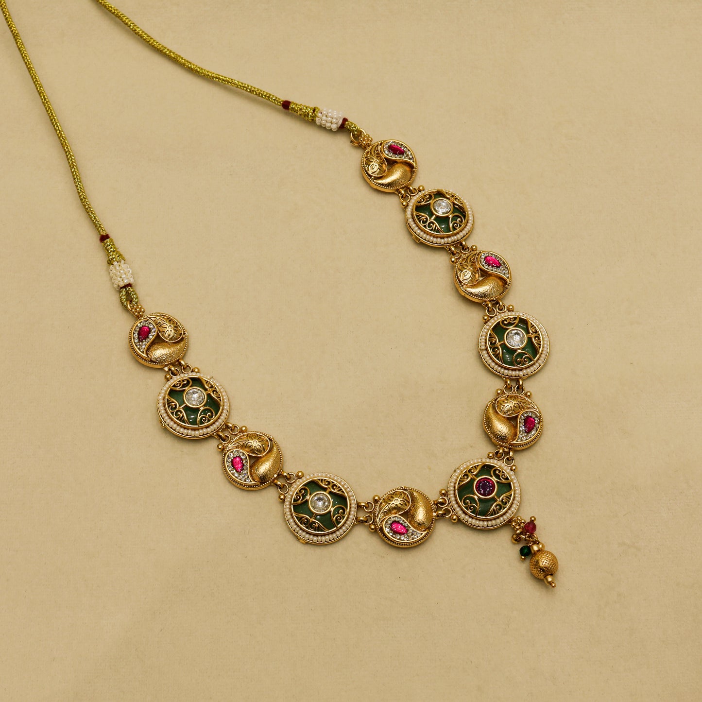 Aanura Circular Kundan Ruby Drop Necklace Set