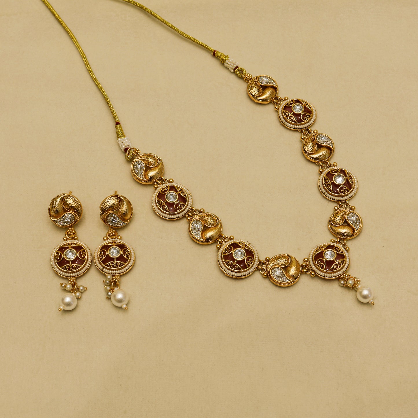 Aanura Circular Kundan Ruby Drop Necklace Set