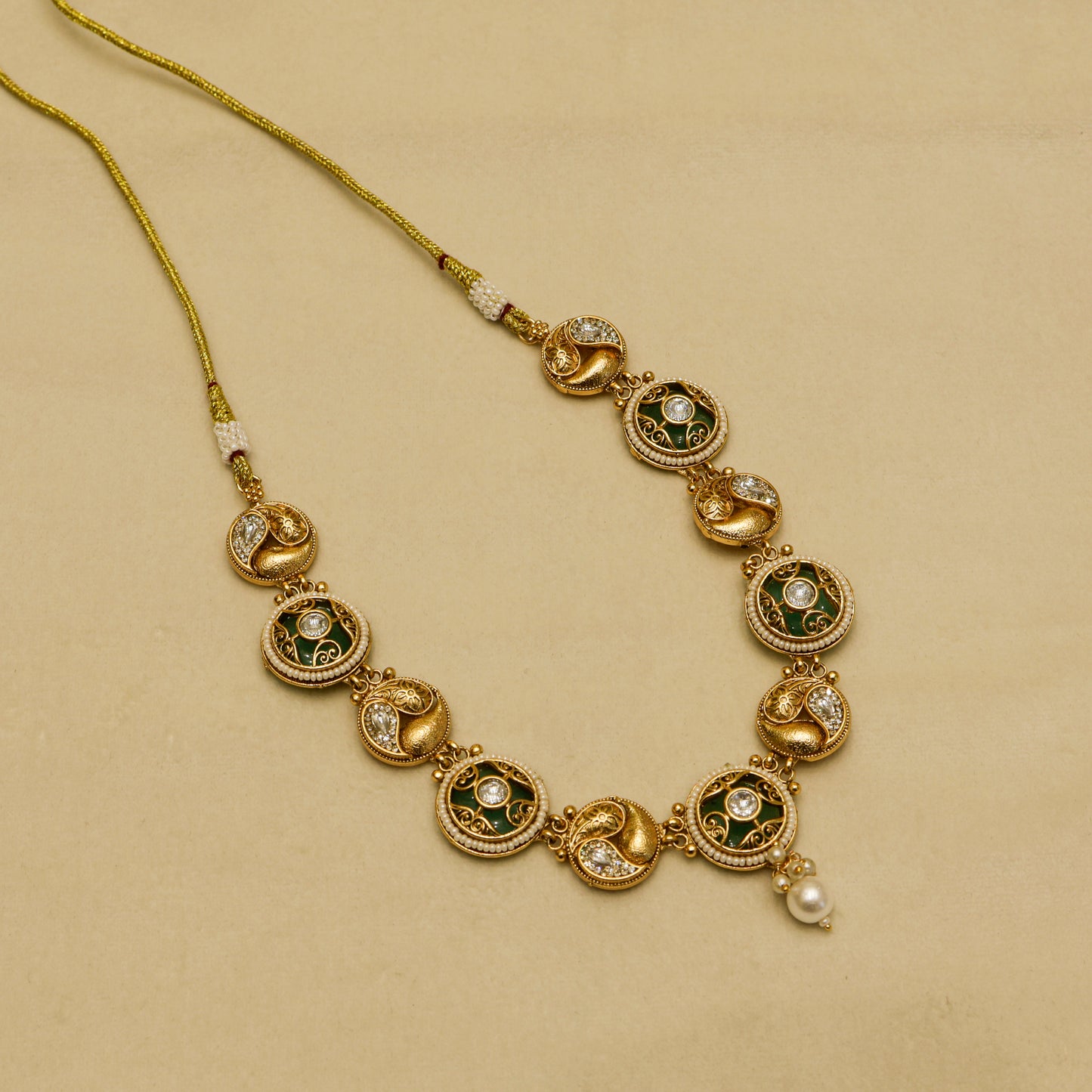 Aanura Circular Kundan Ruby Drop Necklace Set