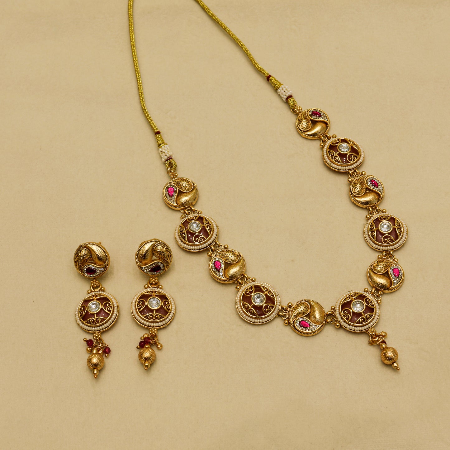 Aanura Circular Kundan Ruby Drop Necklace Set