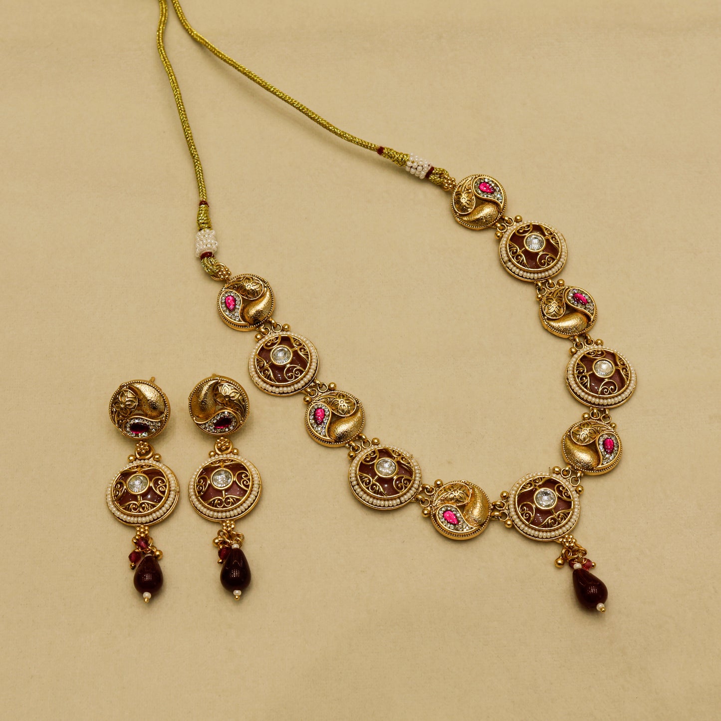 Aanura Circular Kundan Ruby Drop Necklace Set