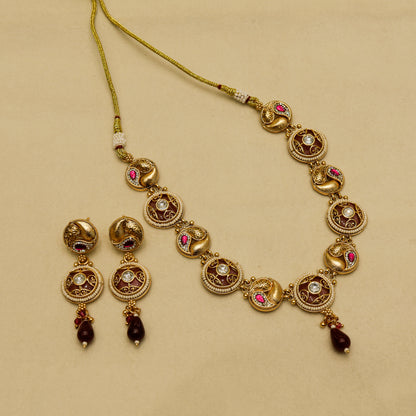 Aanura Circular Kundan Ruby Drop Necklace Set