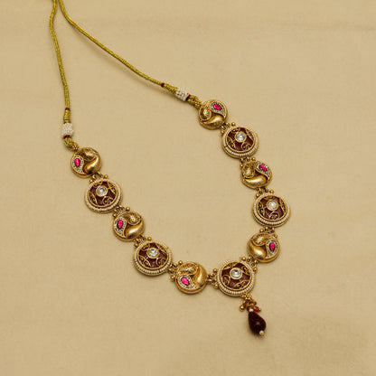 Aanura Circular Kundan Ruby Drop Necklace Set