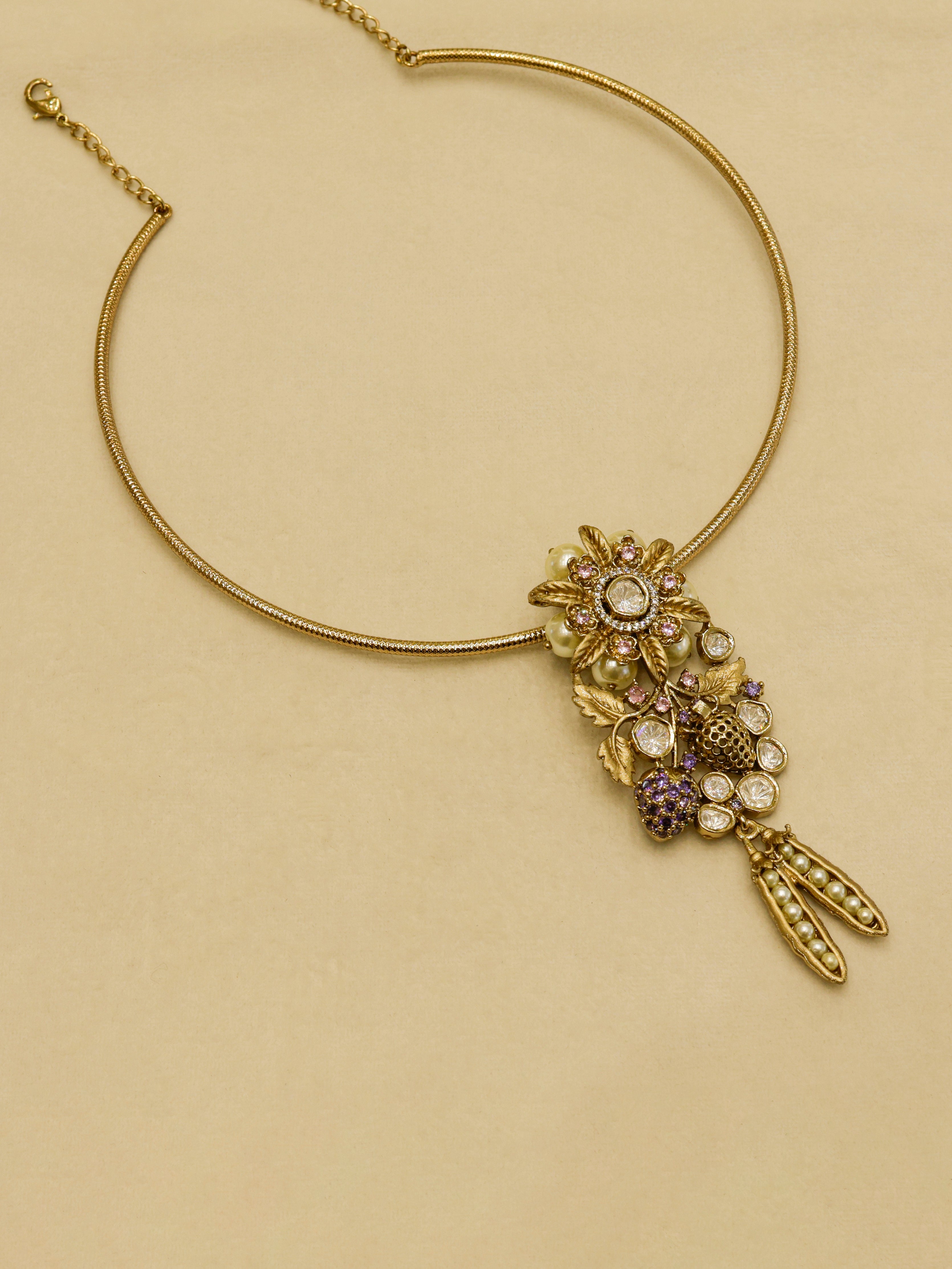 Aanura Antique Floral Pendant Necklace with Pearls