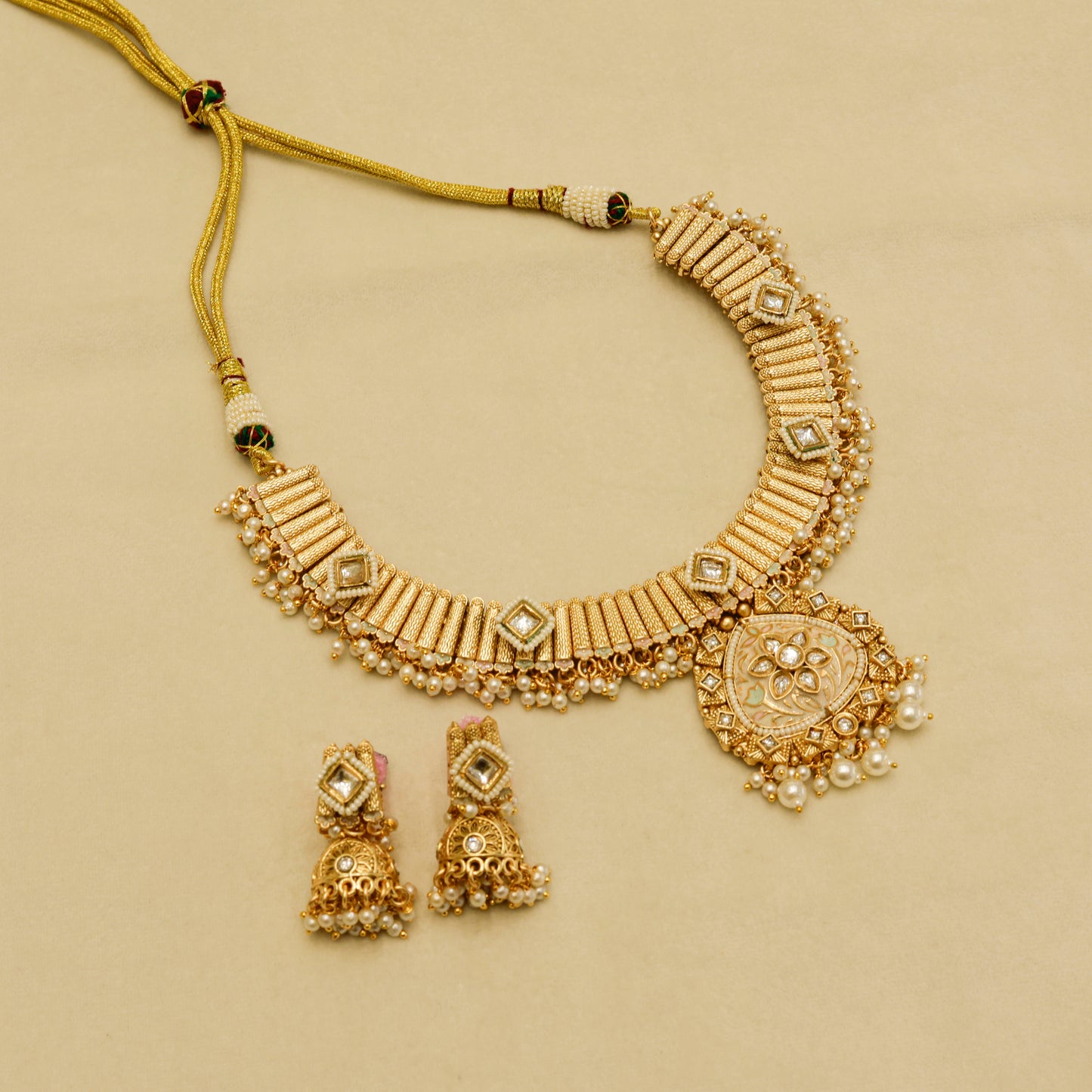 Aanura Kundan Choker Necklace with Green Stones & Pearls