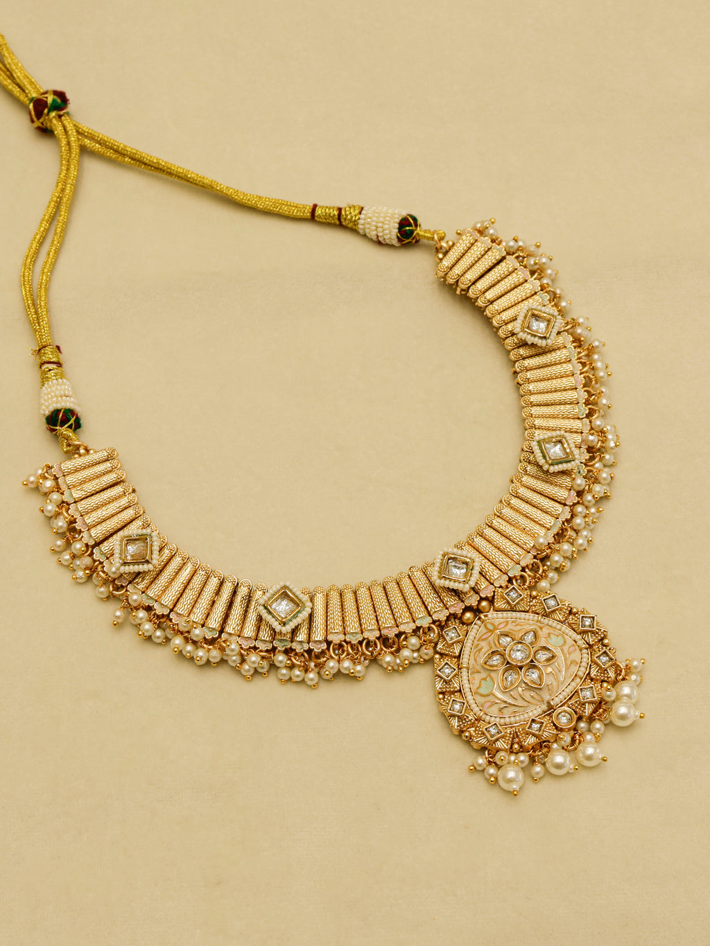 Aanura Kundan Choker Necklace with Green Stones & Pearls