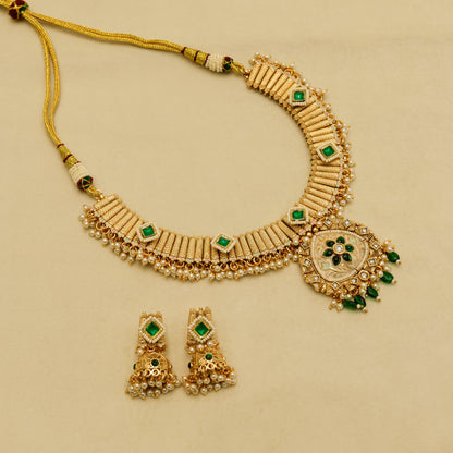 Aanura Kundan Choker Necklace with Green Stones & Pearls