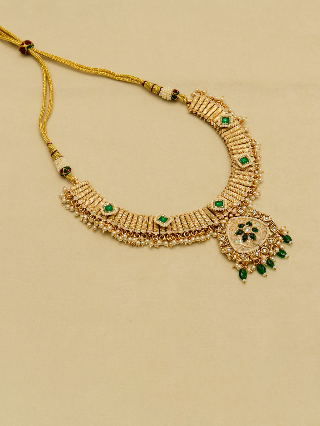 Aanura Kundan Choker Necklace with Green Stones & Pearls