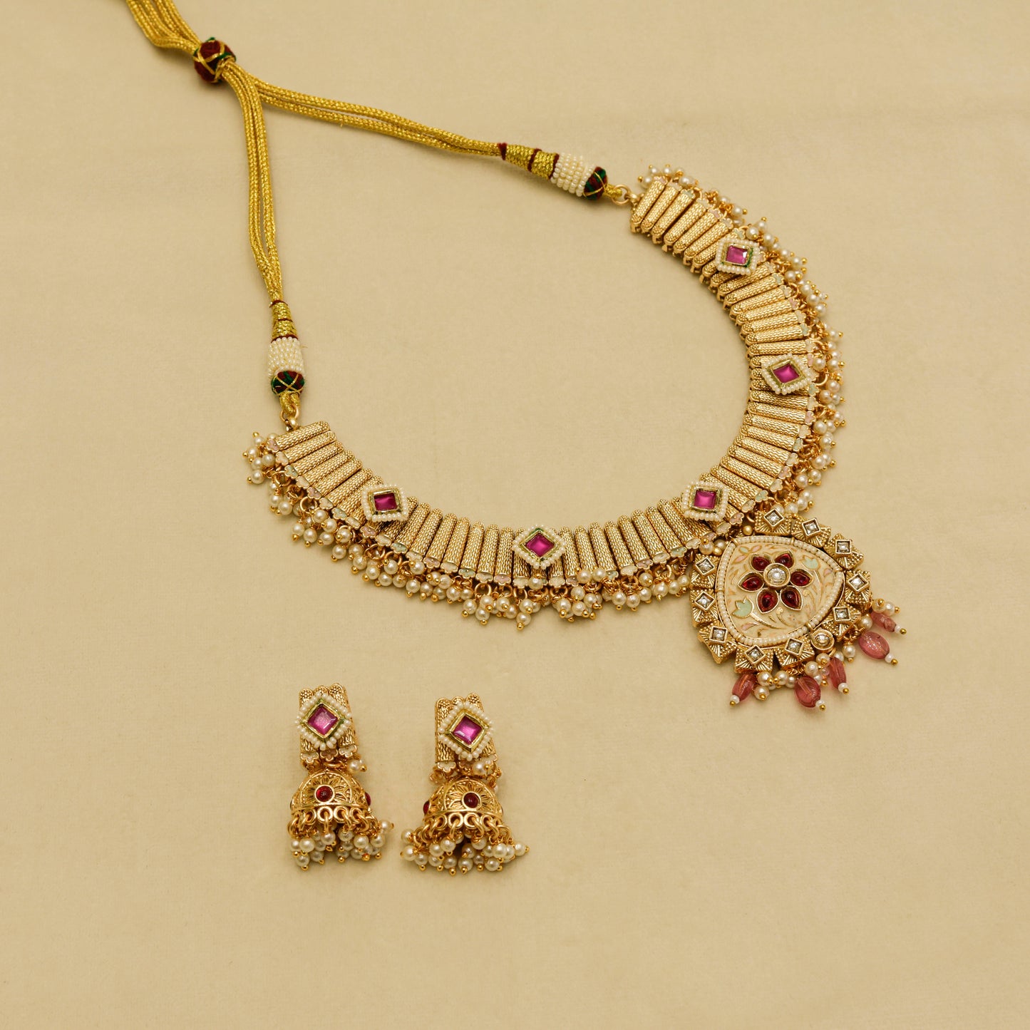 Aanura Kundan Choker Necklace with Green Stones & Pearls