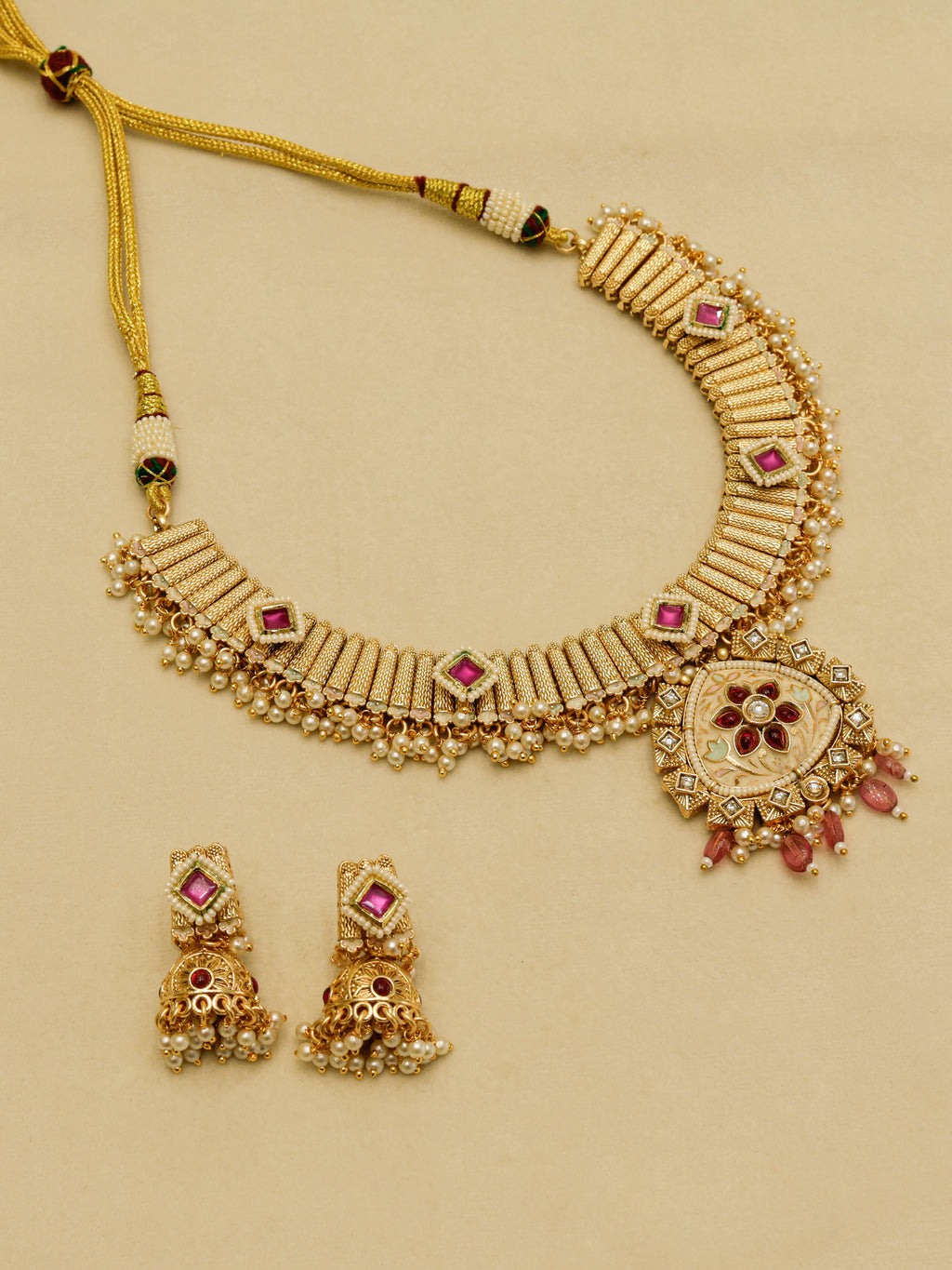 Aanura Kundan Choker Necklace with Green Stones & Pearls