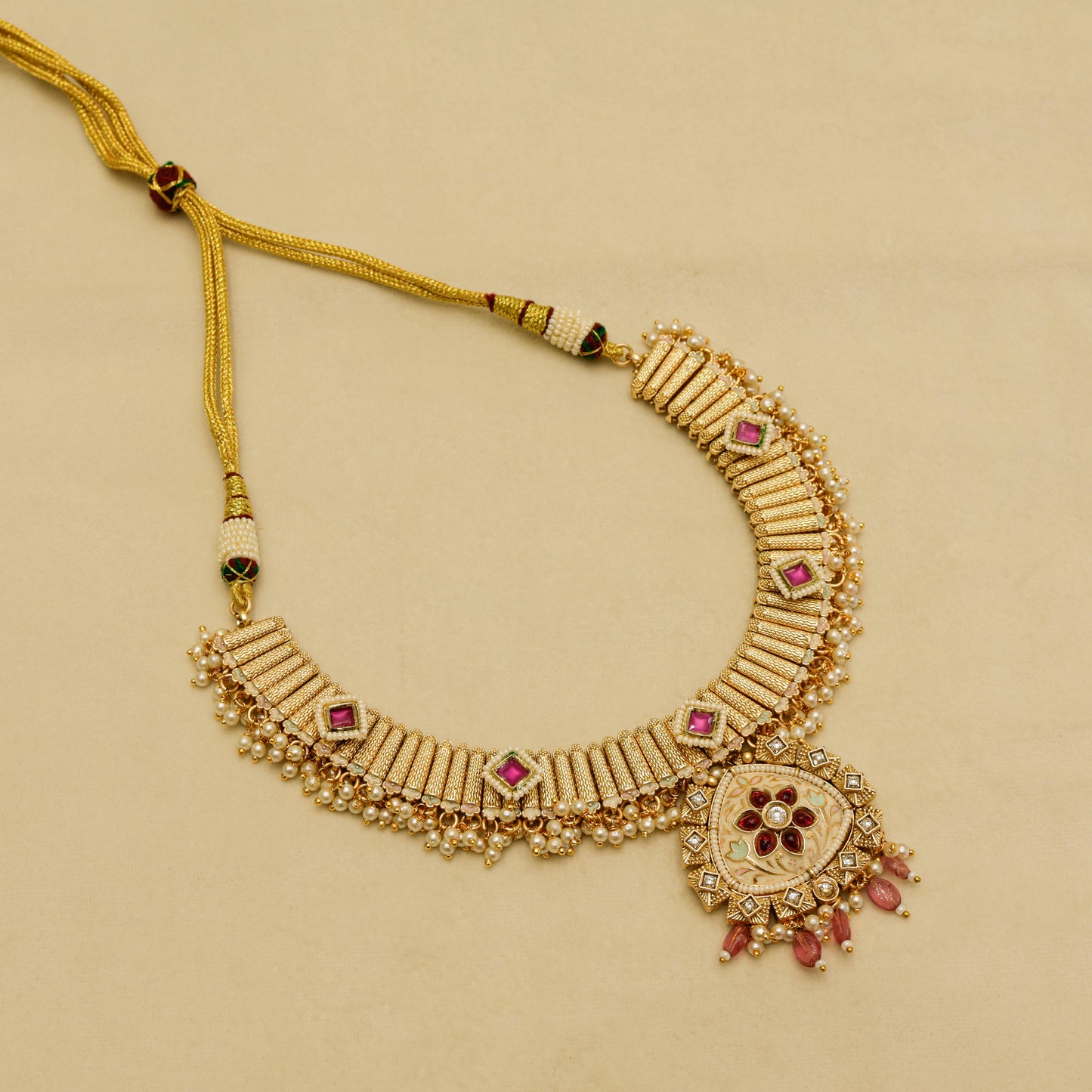 Aanura Kundan Choker Necklace with Green Stones & Pearls