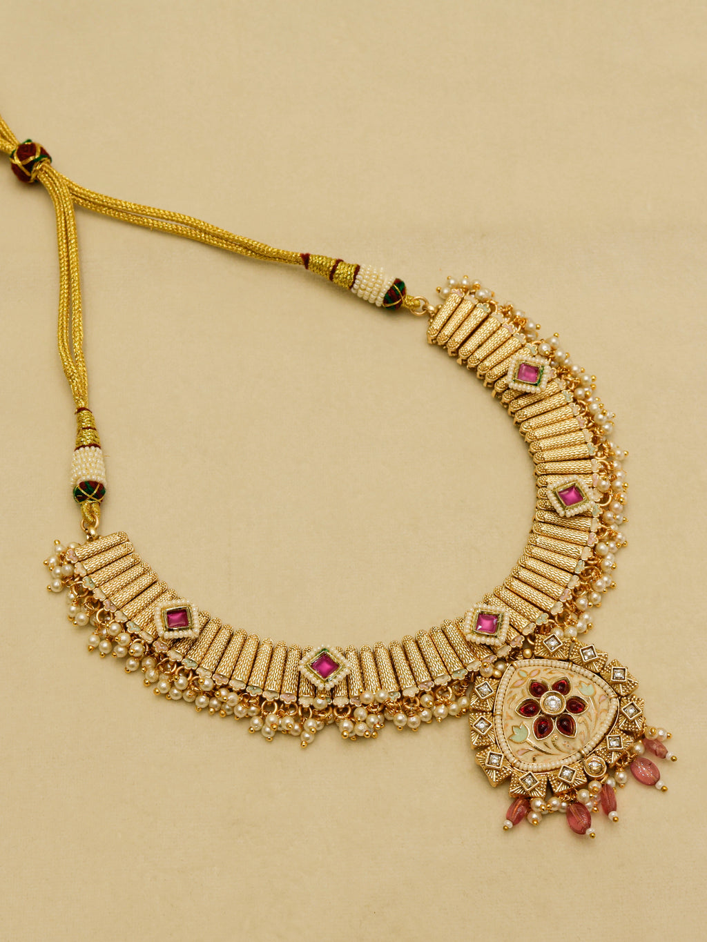 Aanura Kundan Choker Necklace with Green Stones & Pearls