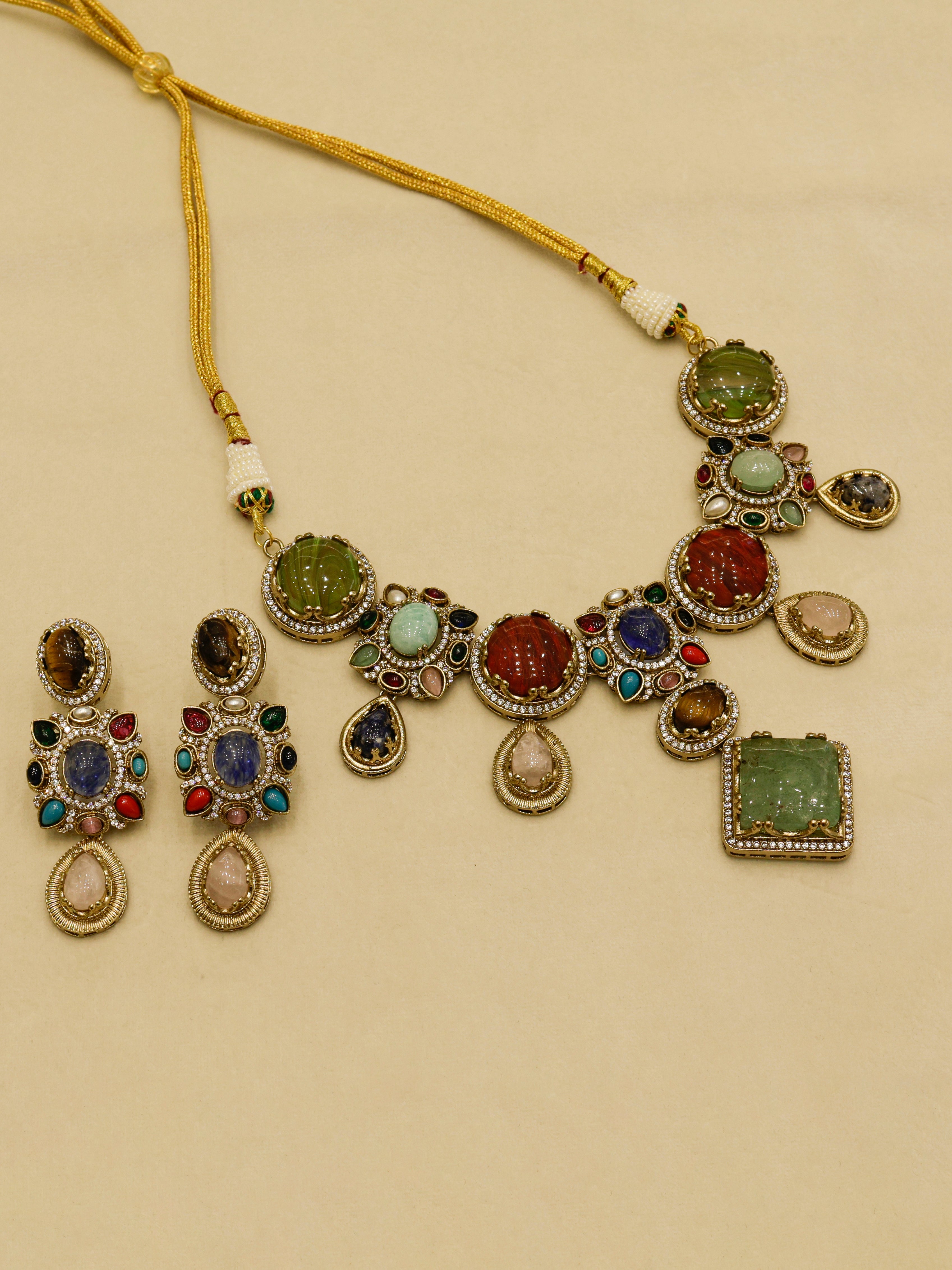 Aanura Navratna Statement Necklace with Multicolor Stones