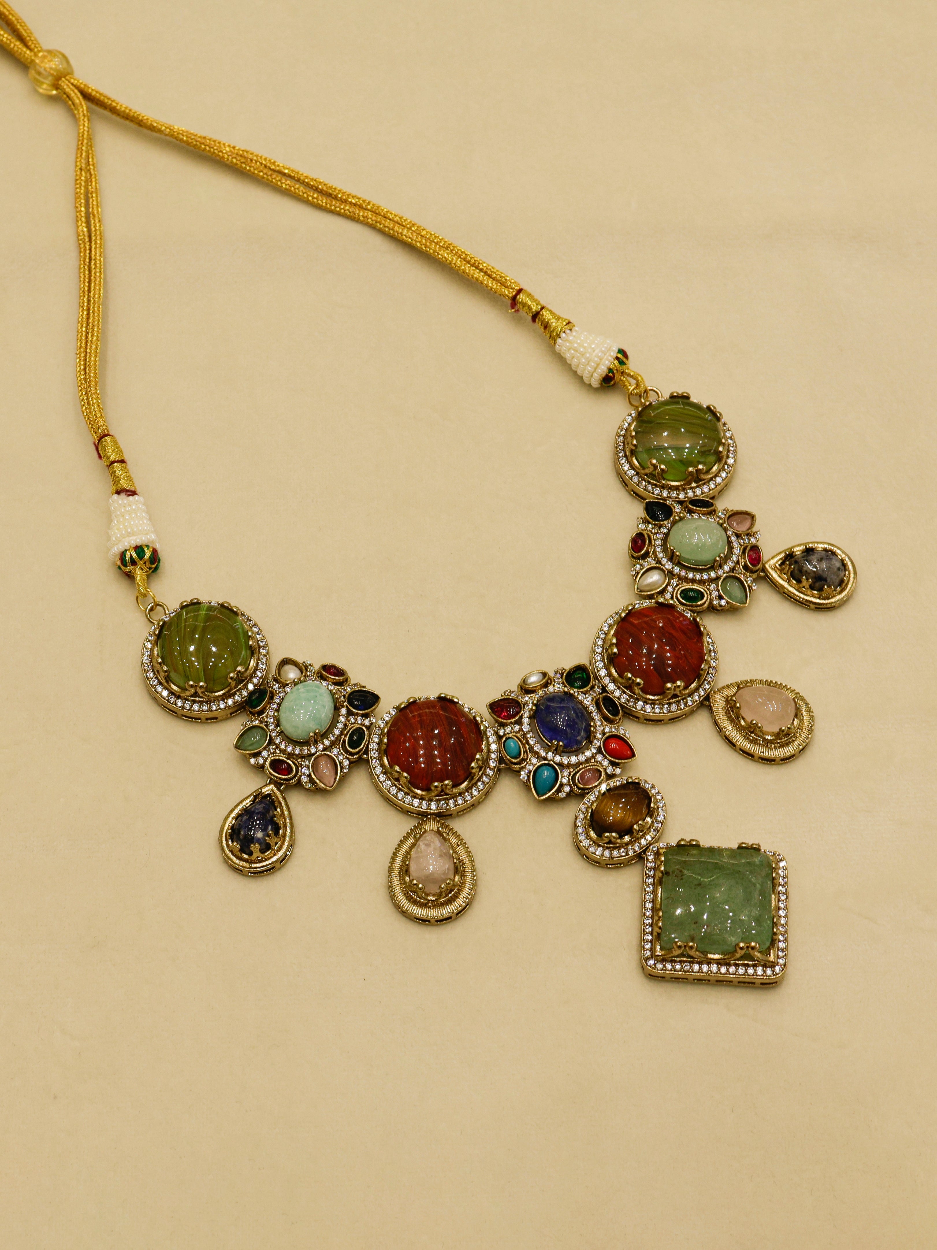 Aanura Navratna Statement Necklace with Multicolor Stones