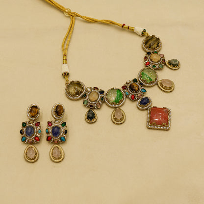 Aanura Navratna Statement Necklace with Multicolor Stones