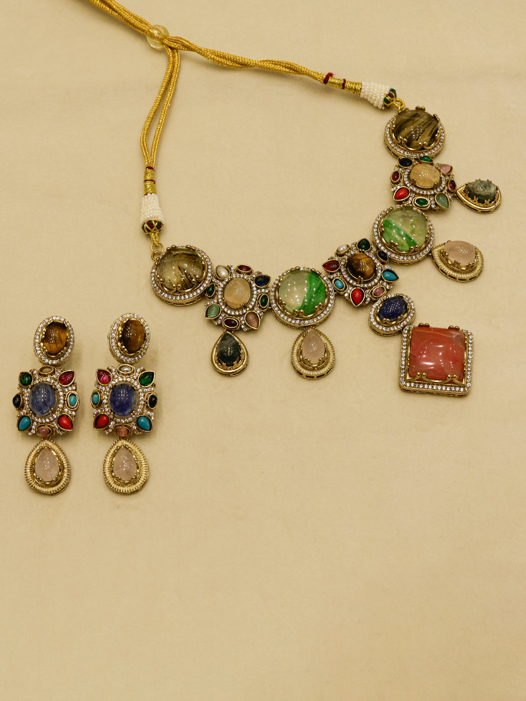 Aanura Navratna Statement Necklace with Multicolor Stones