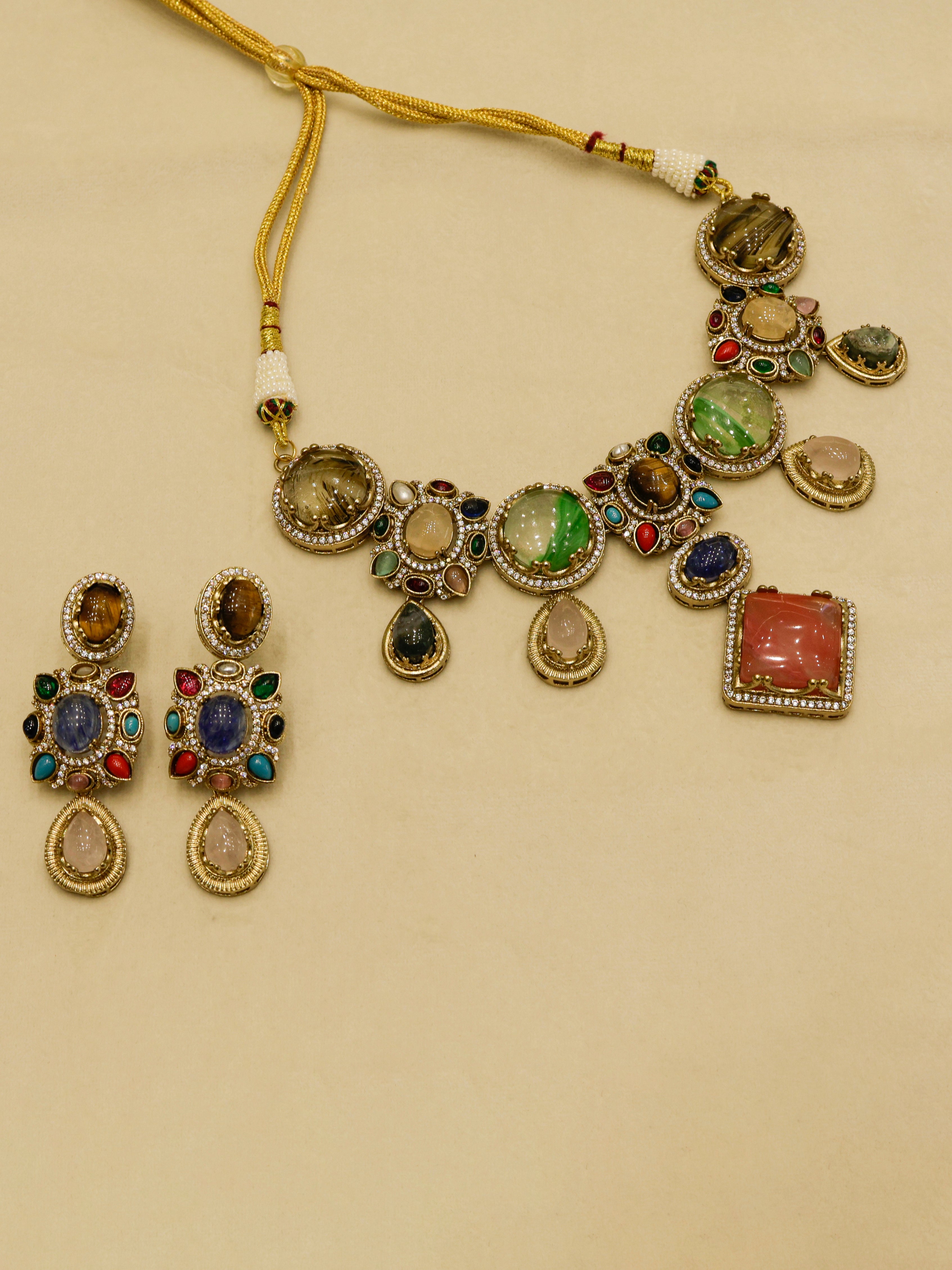 Aanura Navratna Statement Necklace with Multicolor Stones