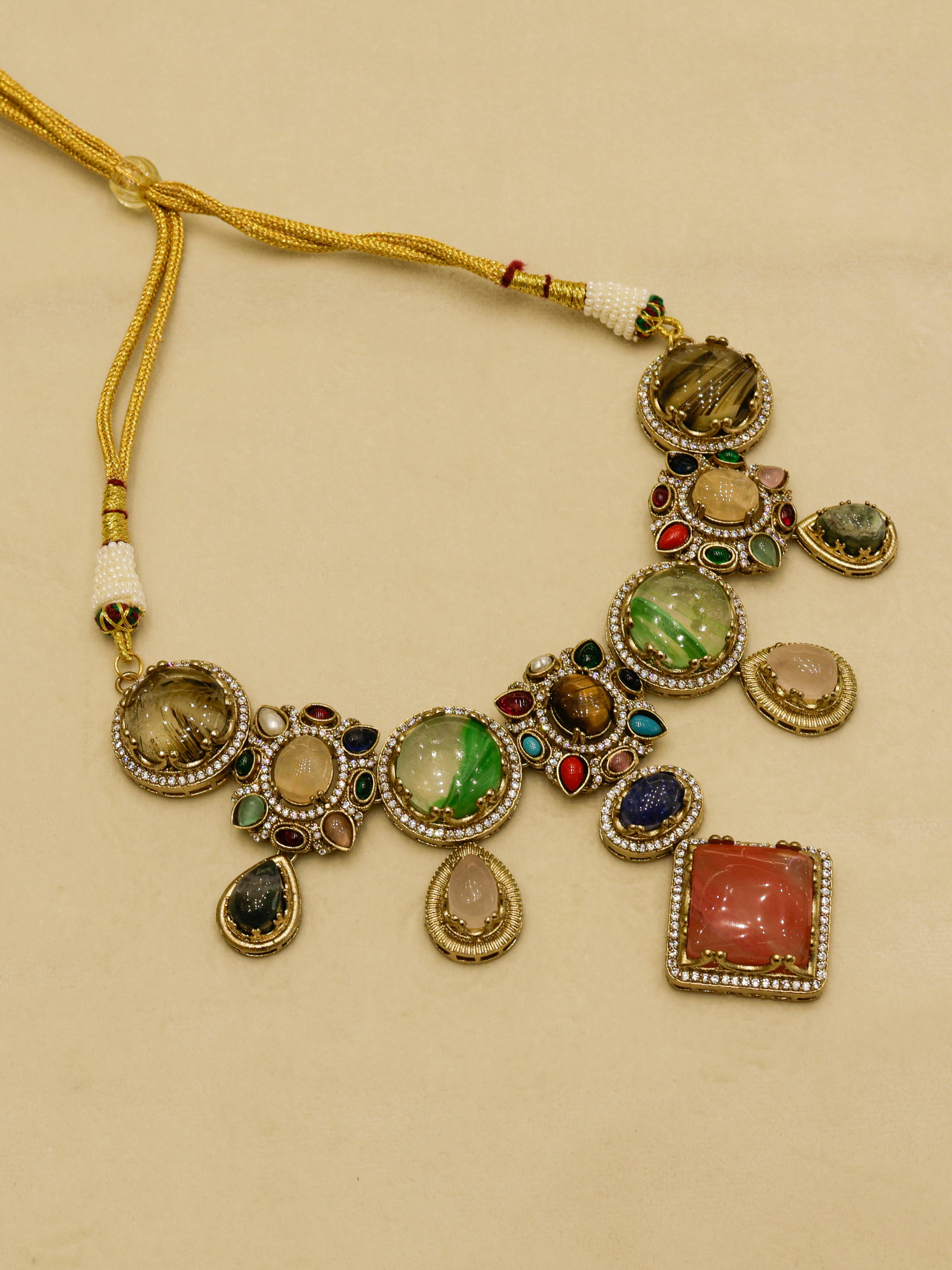 Aanura Navratna Statement Necklace with Multicolor Stones