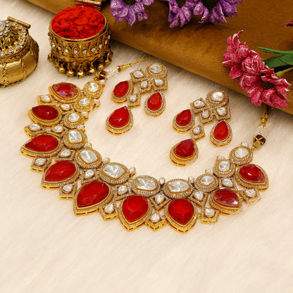 Aanura Grand Red Bridal Necklace with Kundan Embellishments