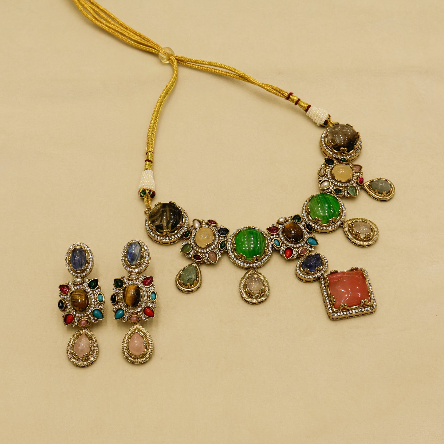 Aanura Navratna Statement Necklace with Multicolor Stones