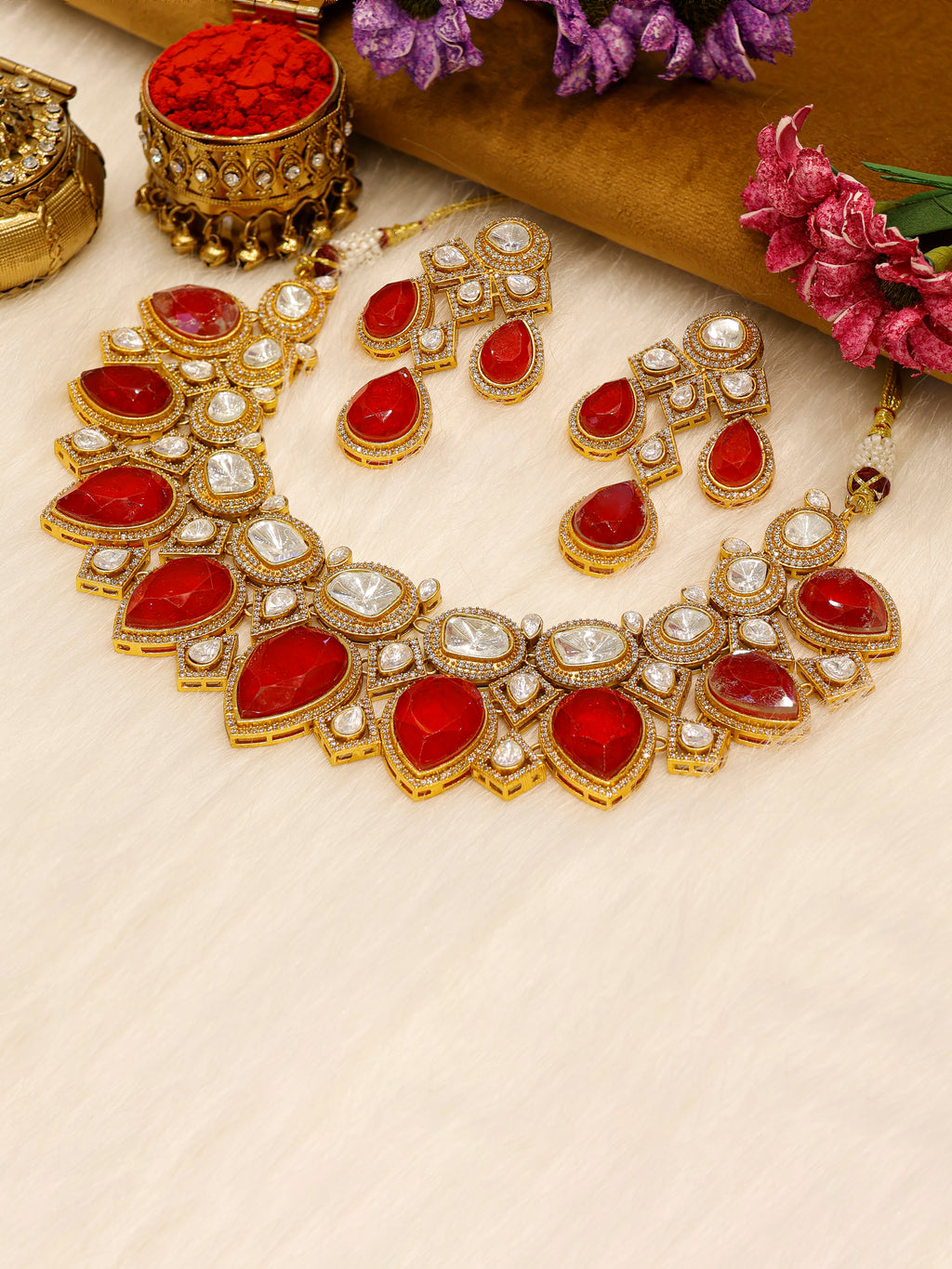 Aanura Grand Red Bridal Necklace with Kundan Embellishments