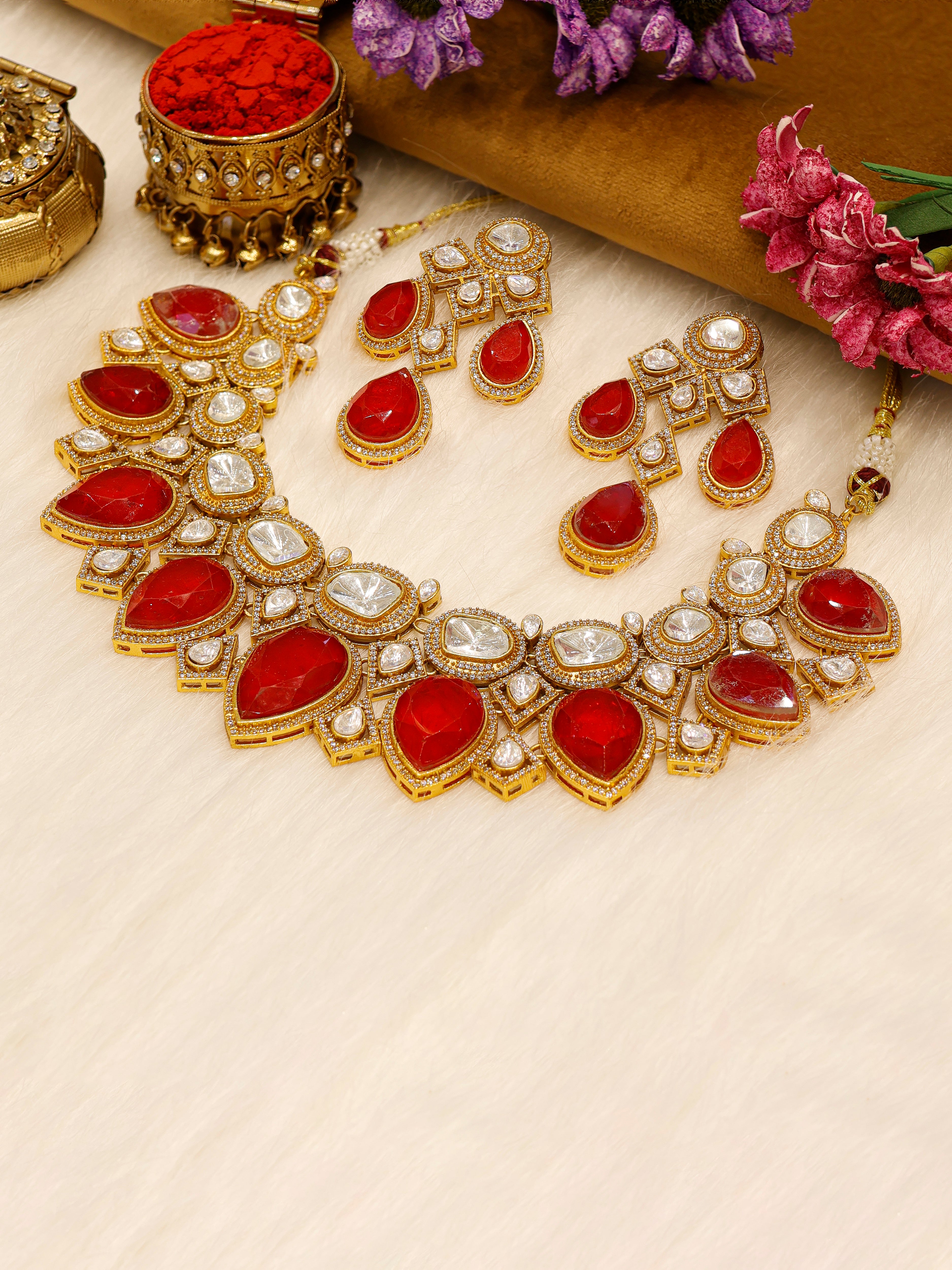 Aanura Grand Red Bridal Necklace with Kundan Embellishments